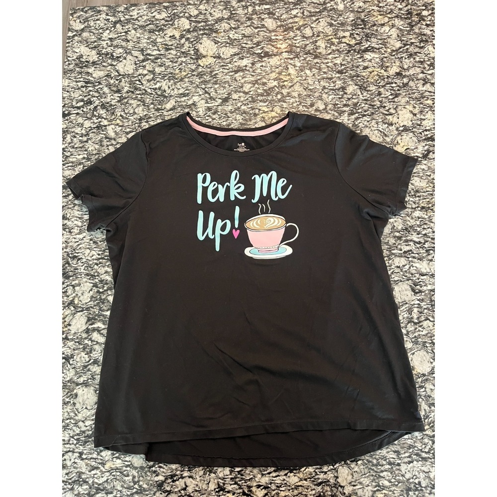 Secret Treasures T Shirt Womens L(12-14) Black Stretch Perk Me Up Coffee Graphic